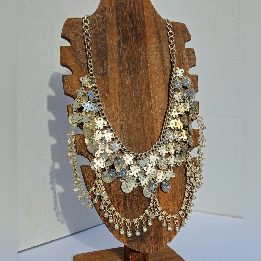 Vintage coin and chunky charm tribal silver tone statement piece necklace